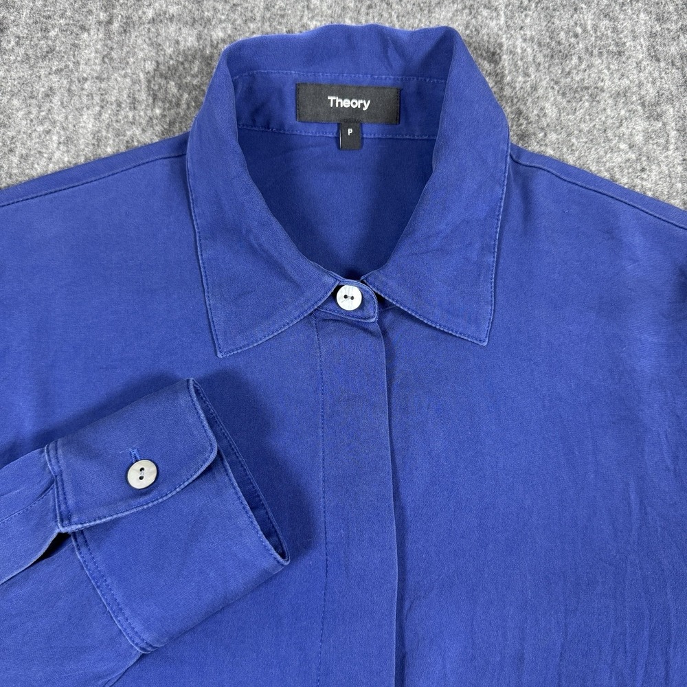 Theory Womens P Cobalt Blue 95% Silk Stretch Long Sleeve Blouse Shirt